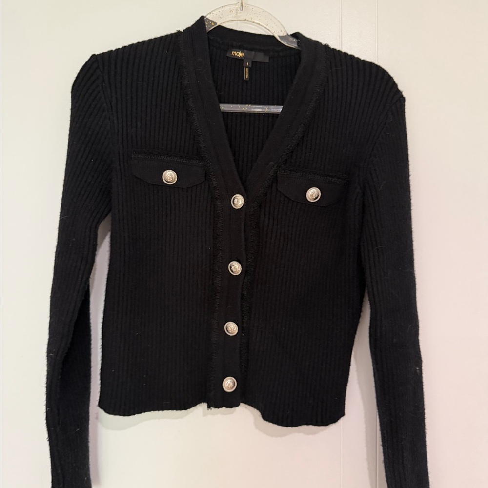 Maje Black Ribbed Cardigan with Silver Buttons - Picture 11 of 15